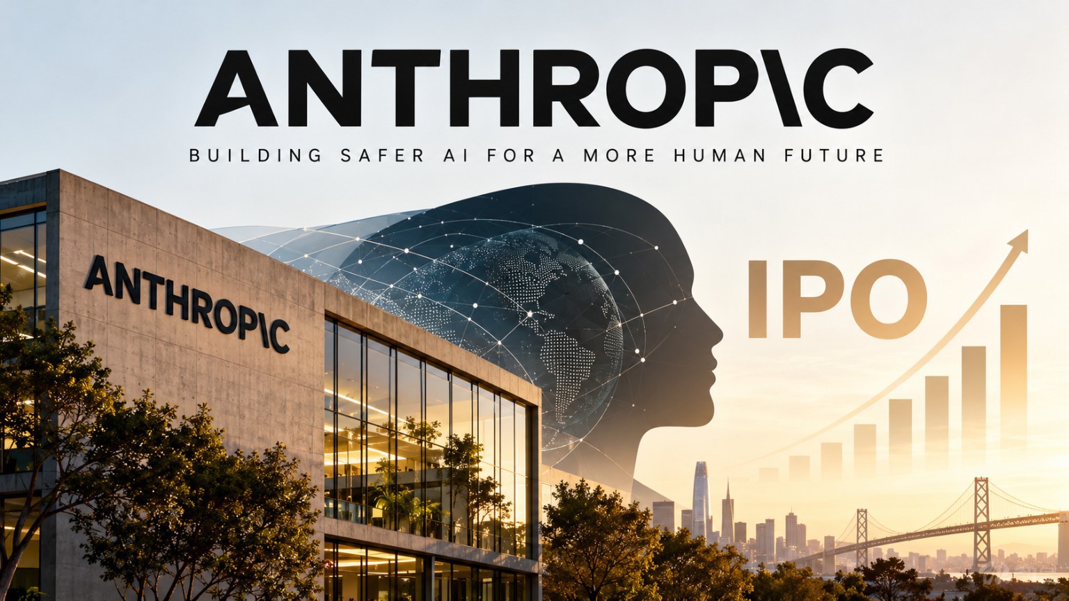 Anthropic headquarters inspired illustration with Anthropic branding, AI network, IPO growth chart and San Francisco skyline