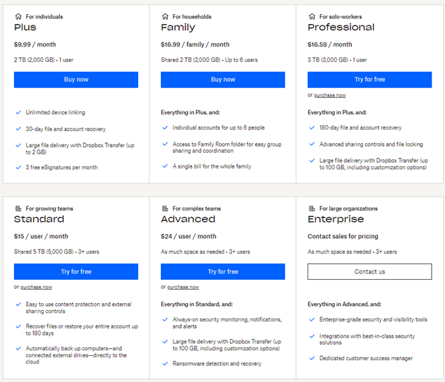 dropbox pricing plans